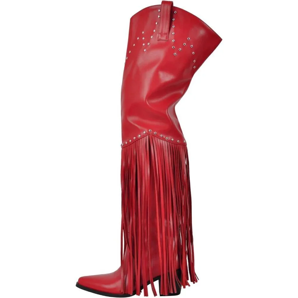 Women Red Synthetic Fringe Thigh High Tassels Wide Calf Over Knee Pointed Boots
